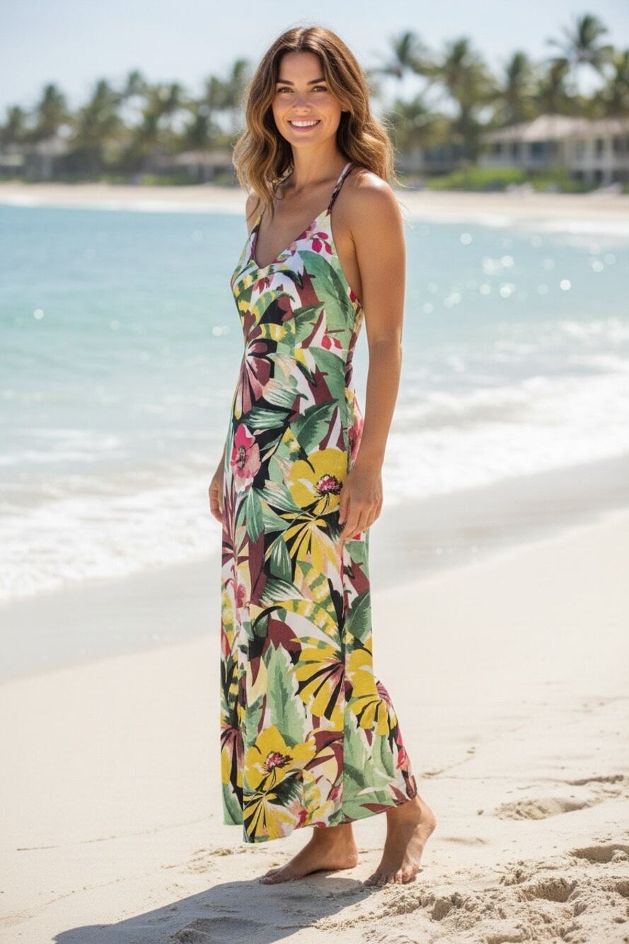 Nicole Miller Tropical Floral Maxi Dress Strappy Back Pockets Women's Medium